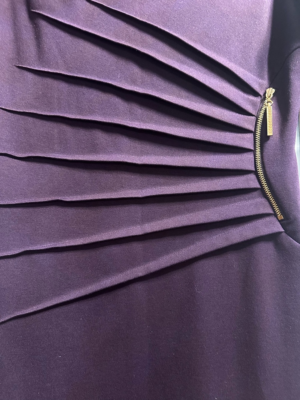 Ivanka Trump Deep Purple Pleated Sunburst Sheath Dress with Gold Zip Accent - Picture 2 of 10